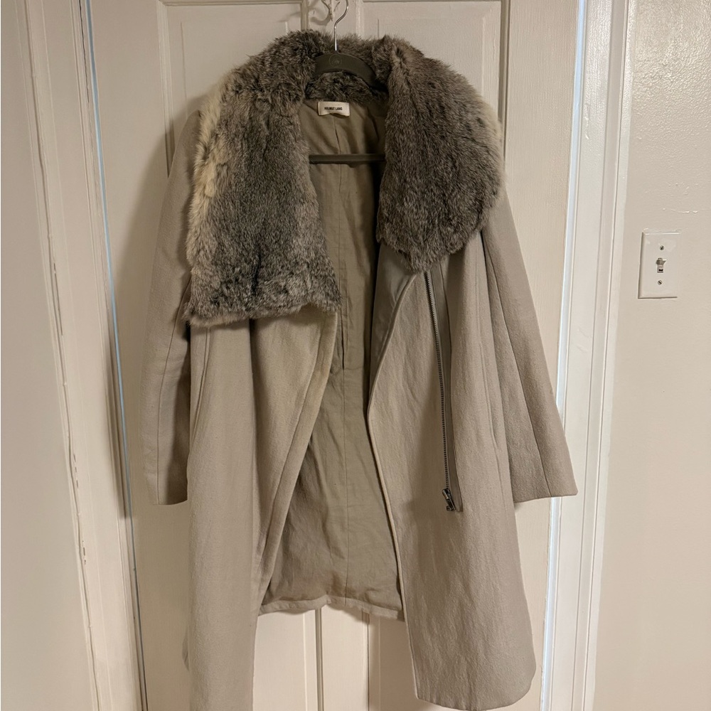 Helmut Lang Gray Trench Coat with Fur Collar